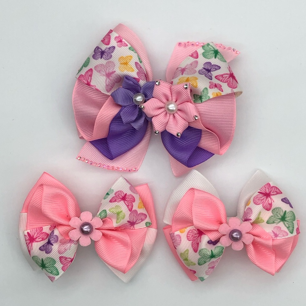 Pink Butterfly Floral Hair Bow Set of 3 for Kids